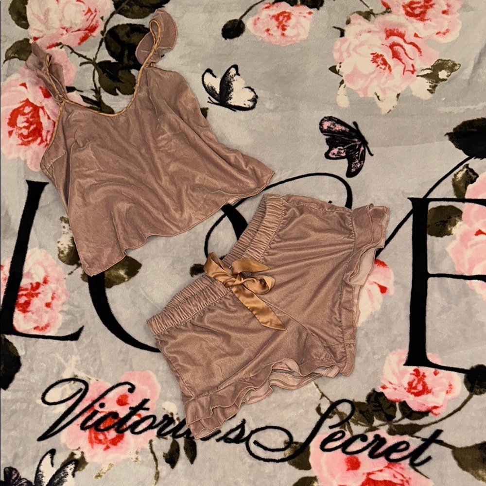 Victoria's Secret Tan Pajama Set Satin Lace